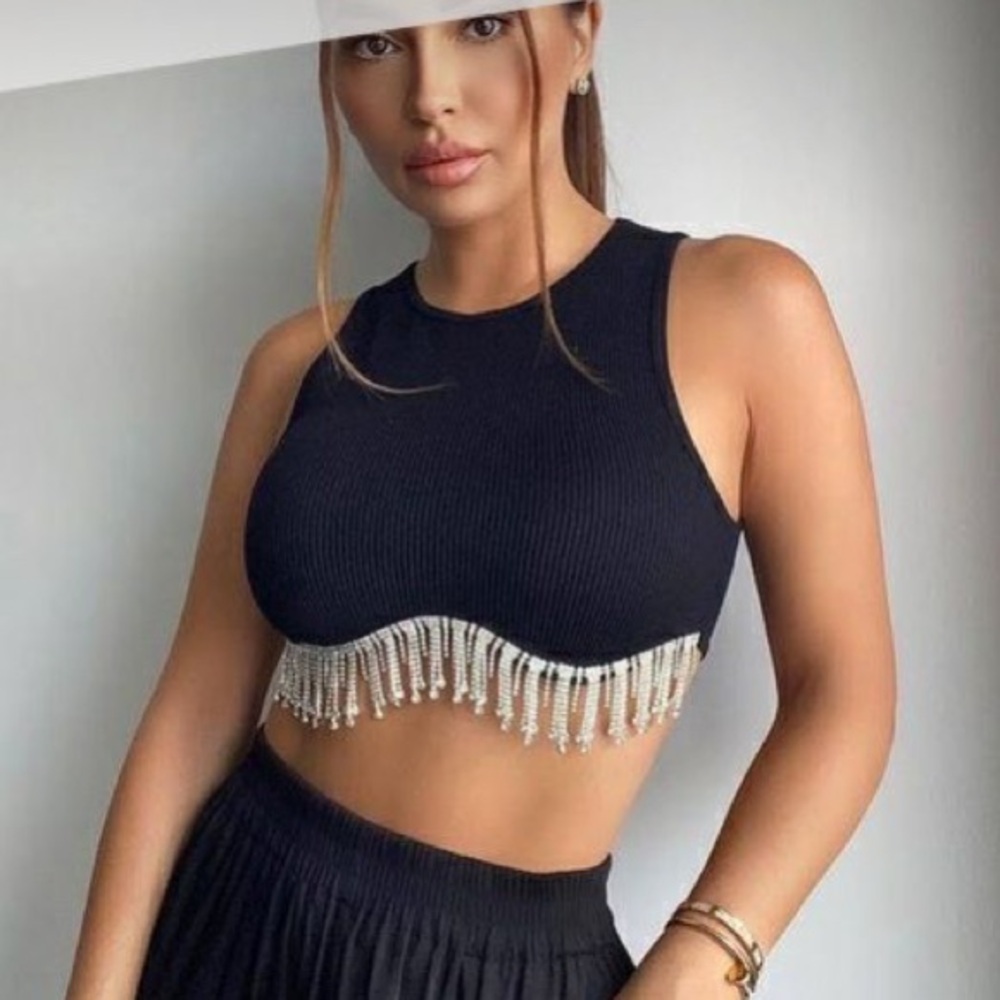Forever 21 Rhinestone Fringe Ribbed Cropped Tank Top - Picture 11 of 17